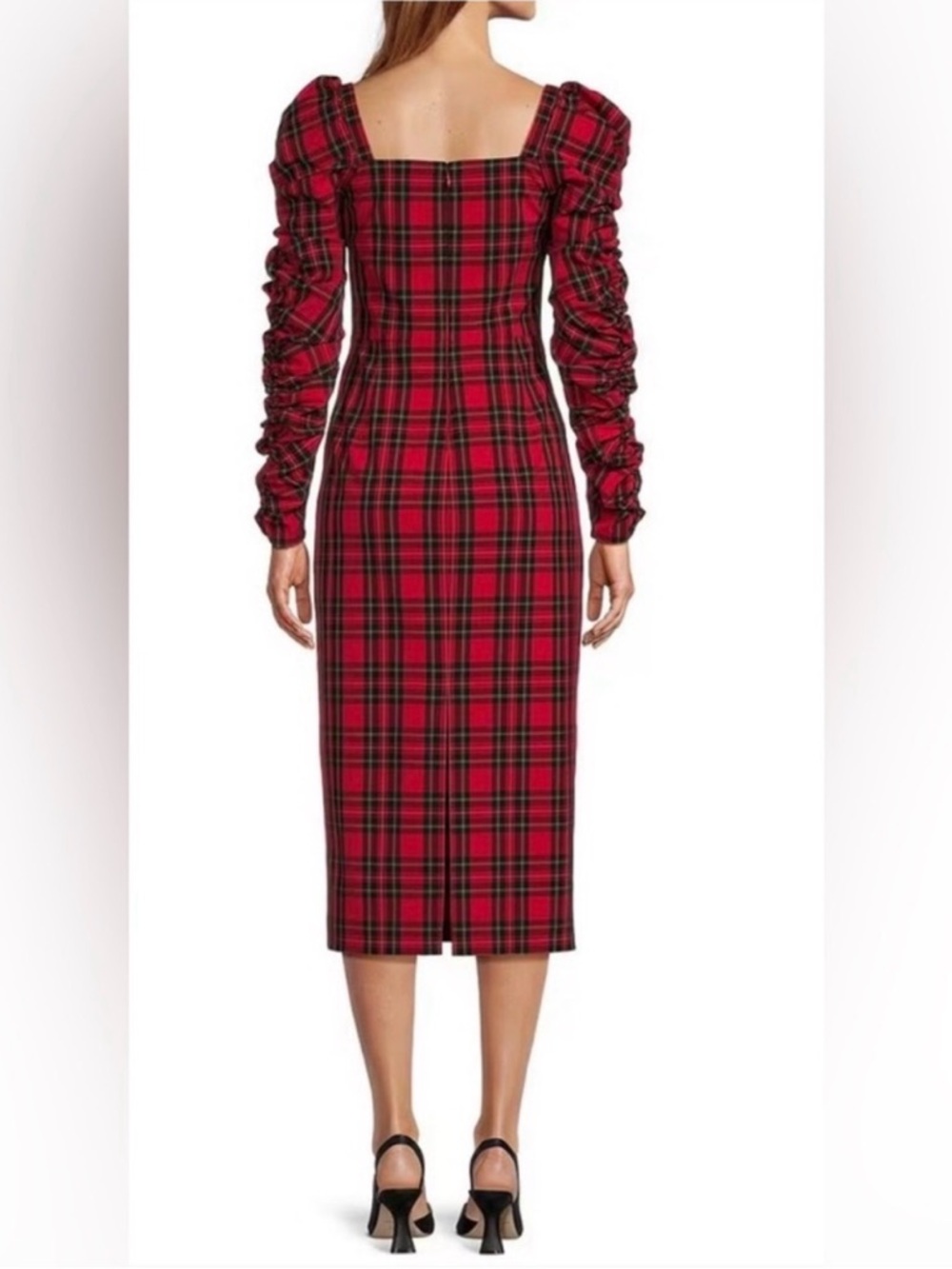 ANTONIO MELANI Red Plaid Square-Neck Midi Dress with Ruched Sleeves - Picture 3 of 5